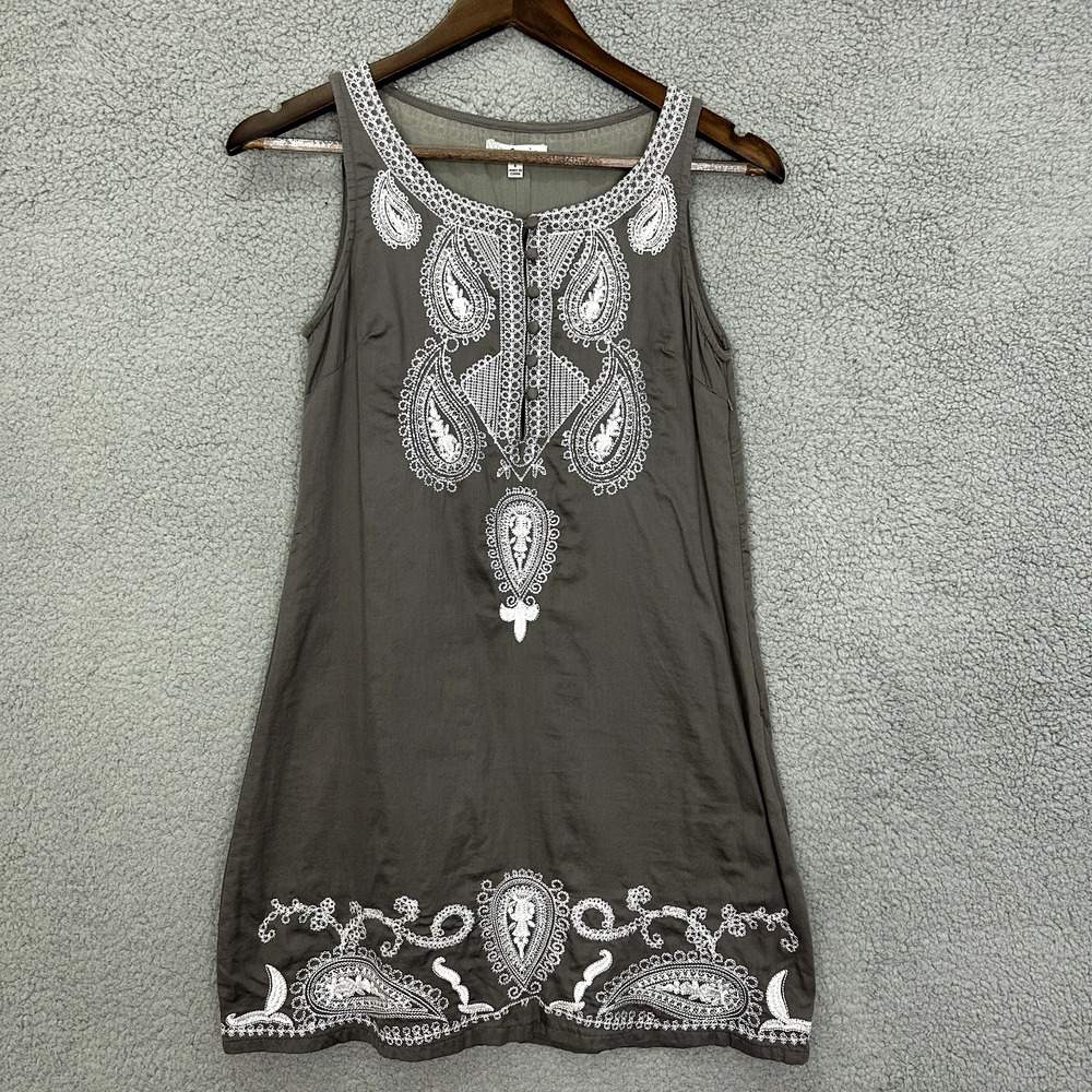 Cecico Shift Dress Womens Small Gray Paisley Embroidered Sleeveless Cotton Boho